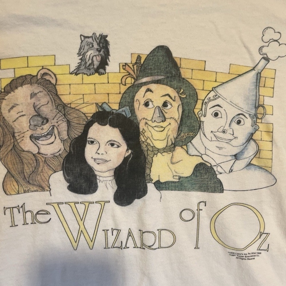 VTG 80s Oneita Wizard Of Oz Shirt Adult L White USA Dorothy‎ Lion Tin Scarecrow